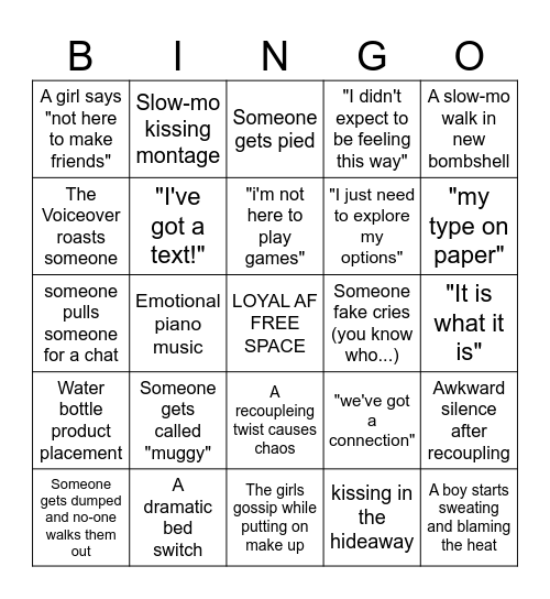 LOVE ISLAND Bingo Card