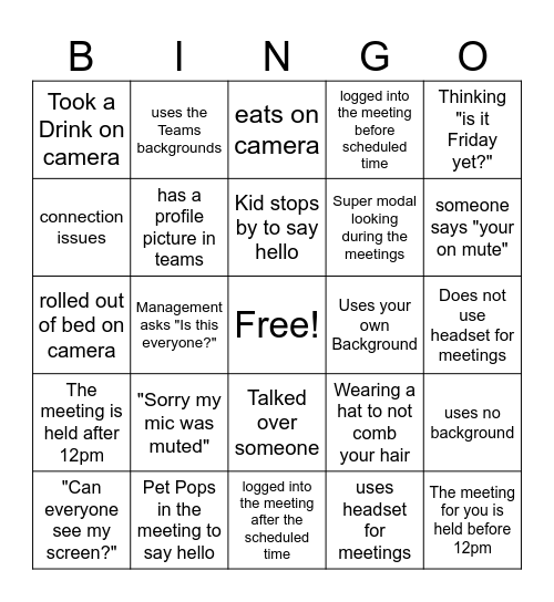 Teams Meeting Bingo Card