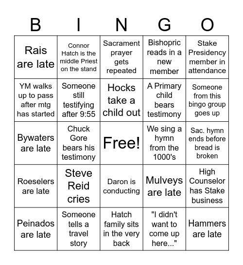Testimony Meeting Bingo Card