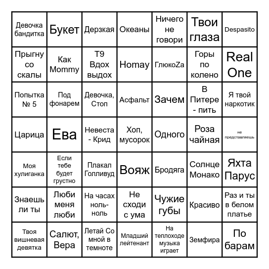 Dianka's Party Bingo Card