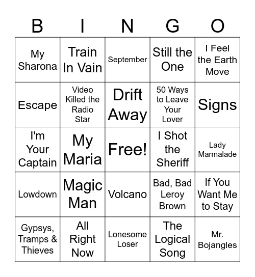 Song's of the 70's #6 Bingo Card