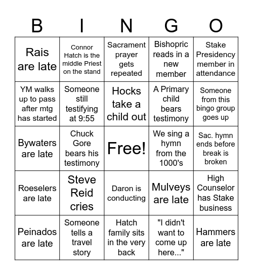 Testimony Meeting Bingo Card