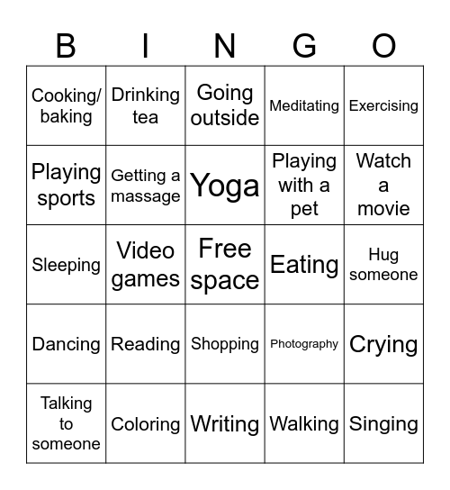 Coping Skills Bingo Card