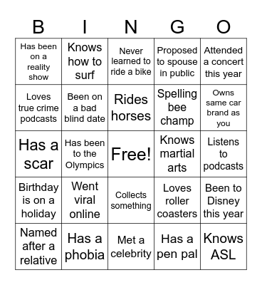 SAFY Getting to Know You Bingo Card