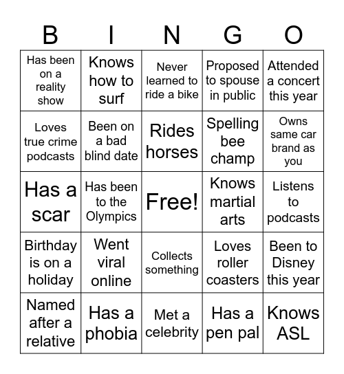 SAFY Getting to Know You Bingo Card