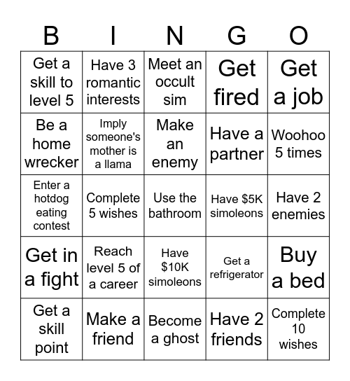 The Sims 3 Bingo Challenge #1 Bingo Card