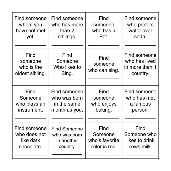 Ice breaker bingo Card