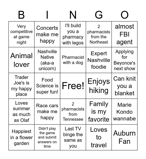 VCH Pharmacy Meet the Team Bingo Card