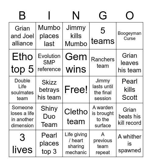 Life Series Bingo Card
