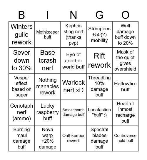 Destiny 2 Twid 10.07.2025 Bingo Card