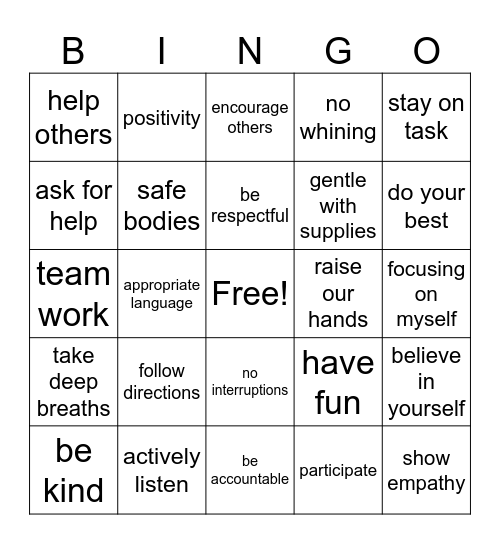 Classroom Expectation Bingo Card