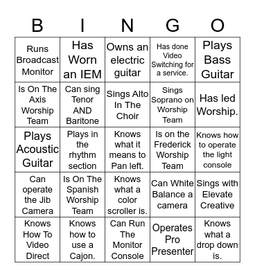 Music And Tech Team Time Bingo Card