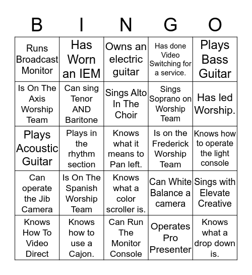 Music And Tech Team Time Bingo Card