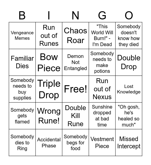 Zam Bingo Card