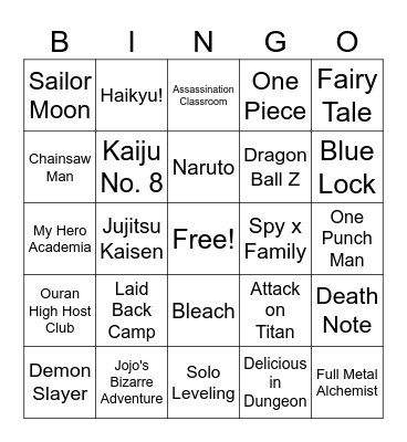 Anime Bingo Card