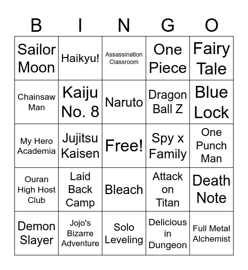 Anime Bingo Card