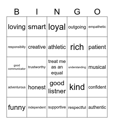 Relationship Bingo Card
