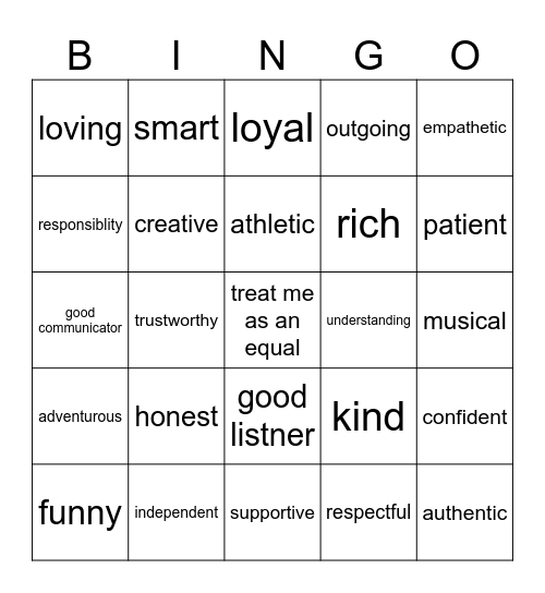 Relationship Bingo Card
