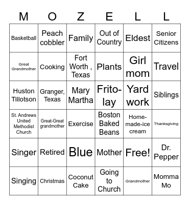 Mozell's 90th Birthday 2025 Bingo Card