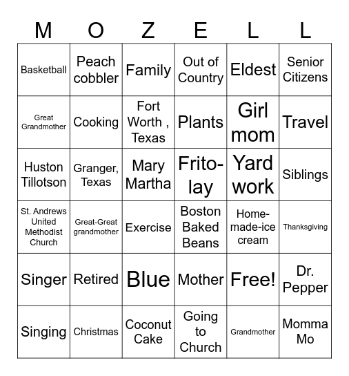 Mozell's 90th Birthday 2025 Bingo Card
