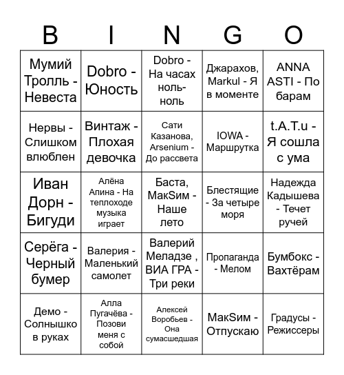 Music Bingo 1 Bingo Card