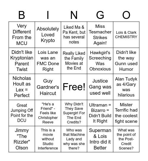 James Gunn's Superman - Stan's Takes Bingo Card