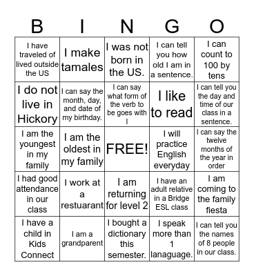 Bridge English Class Bingo Card