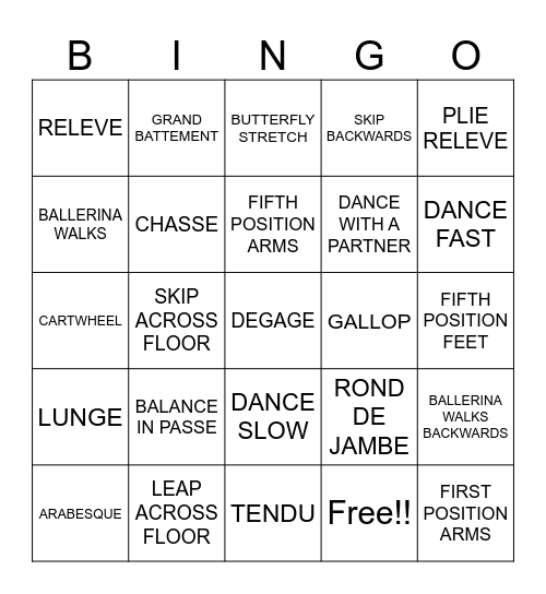 DANCE Bingo Card