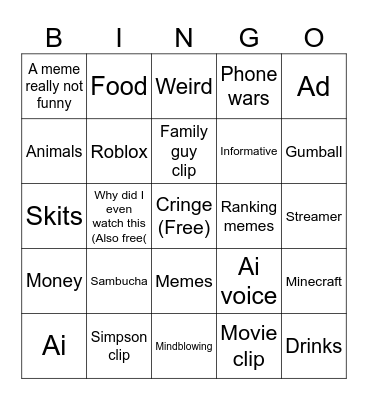 YouTube shorts bingo! Bingo Card