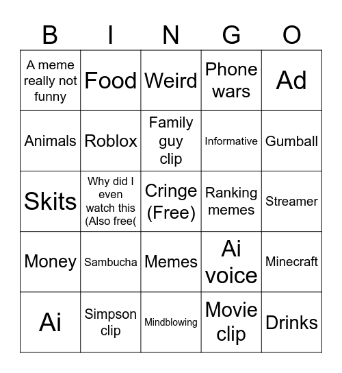 YouTube shorts bingo! Bingo Card