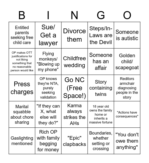 Reddit AITA Bingo Card