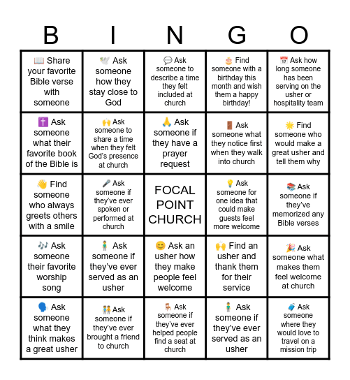 Team Usher Connection Challenge Bingo Card