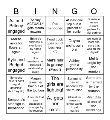 Queer Ultimatum Watch Party Bingo Card