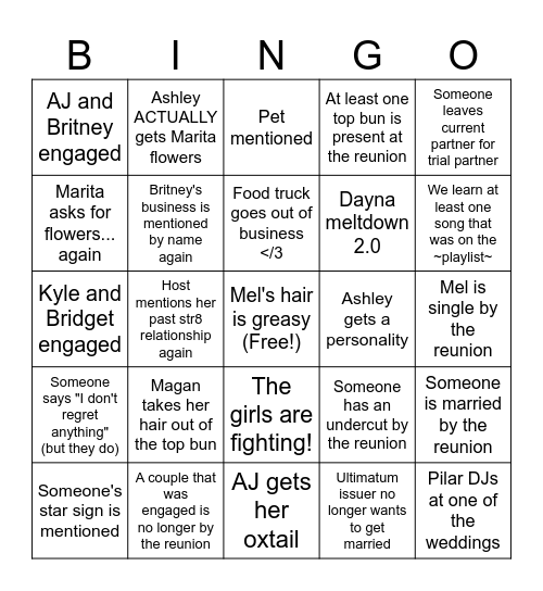 Queer Ultimatum Watch Party Bingo Card