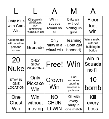 FORTNITE BINGO Card