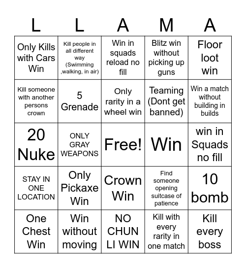 FORTNITE BINGO Card