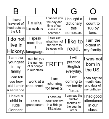 Bridge English Class Bingo Card