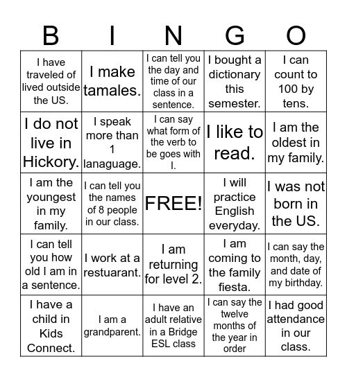 Bridge English Class Bingo Card