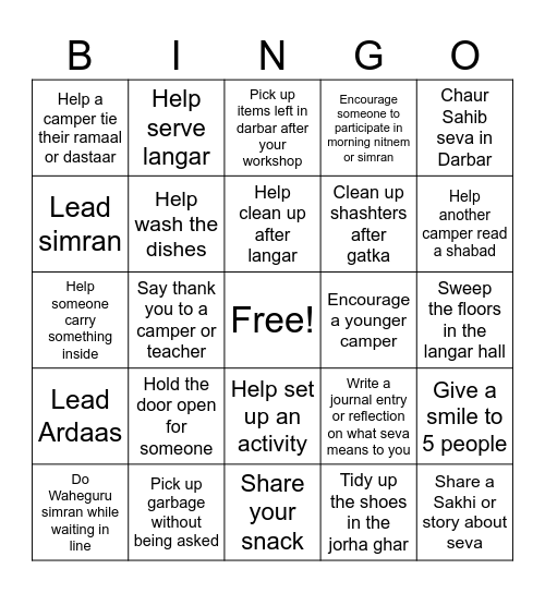 Gurmat Camp Seva Bingo Card Bingo Card