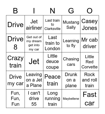 Planes, Trains and Automoblies Bingo Card