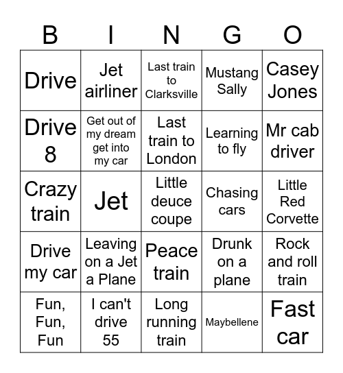 Planes, Trains and Automoblies Bingo Card