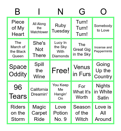 MUSIC BINGO at the Ann Arbor Eagles!  Psychedelics! Bingo Card