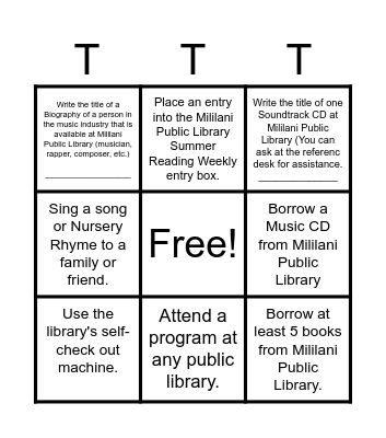 Summer Reading Tic Tac Toe Bingo Card