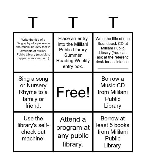Summer Reading Tic Tac Toe Bingo Card