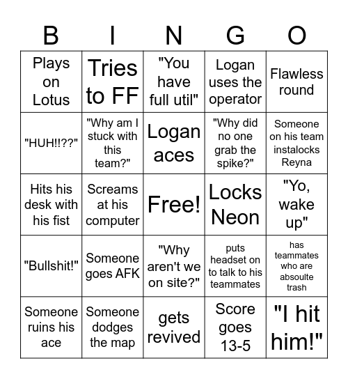 Valorant Bingo Card