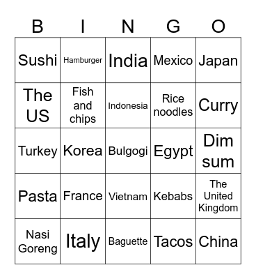 Countries/Foods Bingo Card