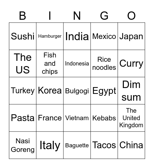 Countries/Foods Bingo Card