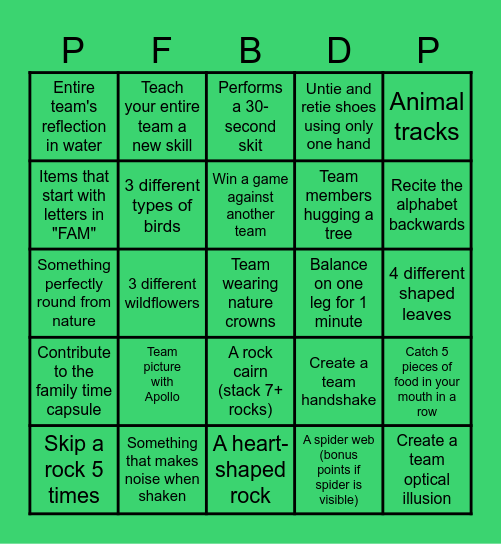 Bullard Family Bingo Card