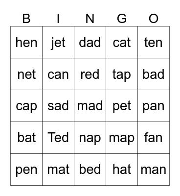 Phonics Bingo Card
