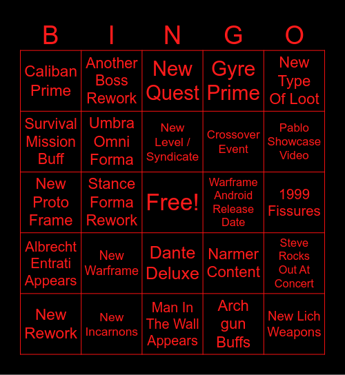 Tennocon 2025 Bingo Card
